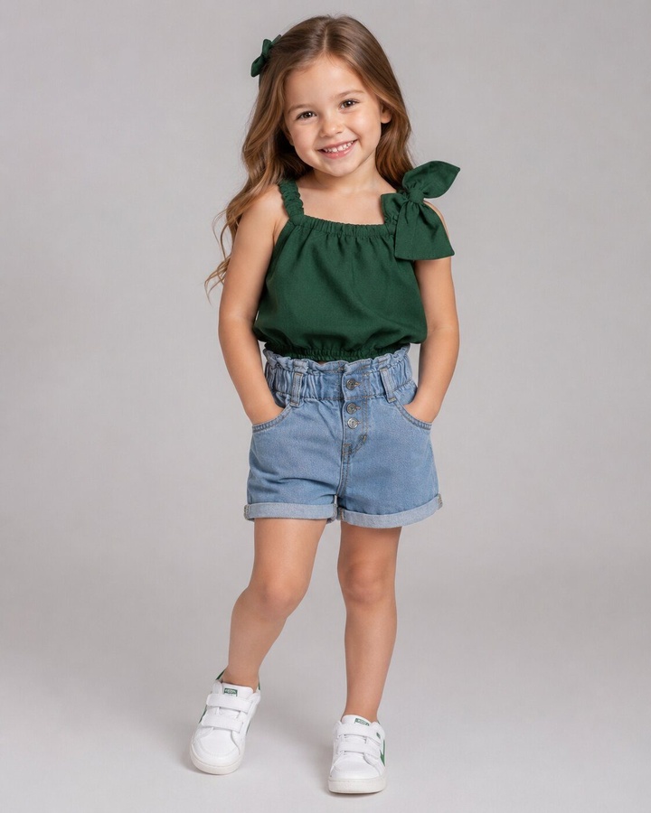 Shoulder-Bow Green Denim Shorts Set - Girl (Paperbag Waist Shorts)
