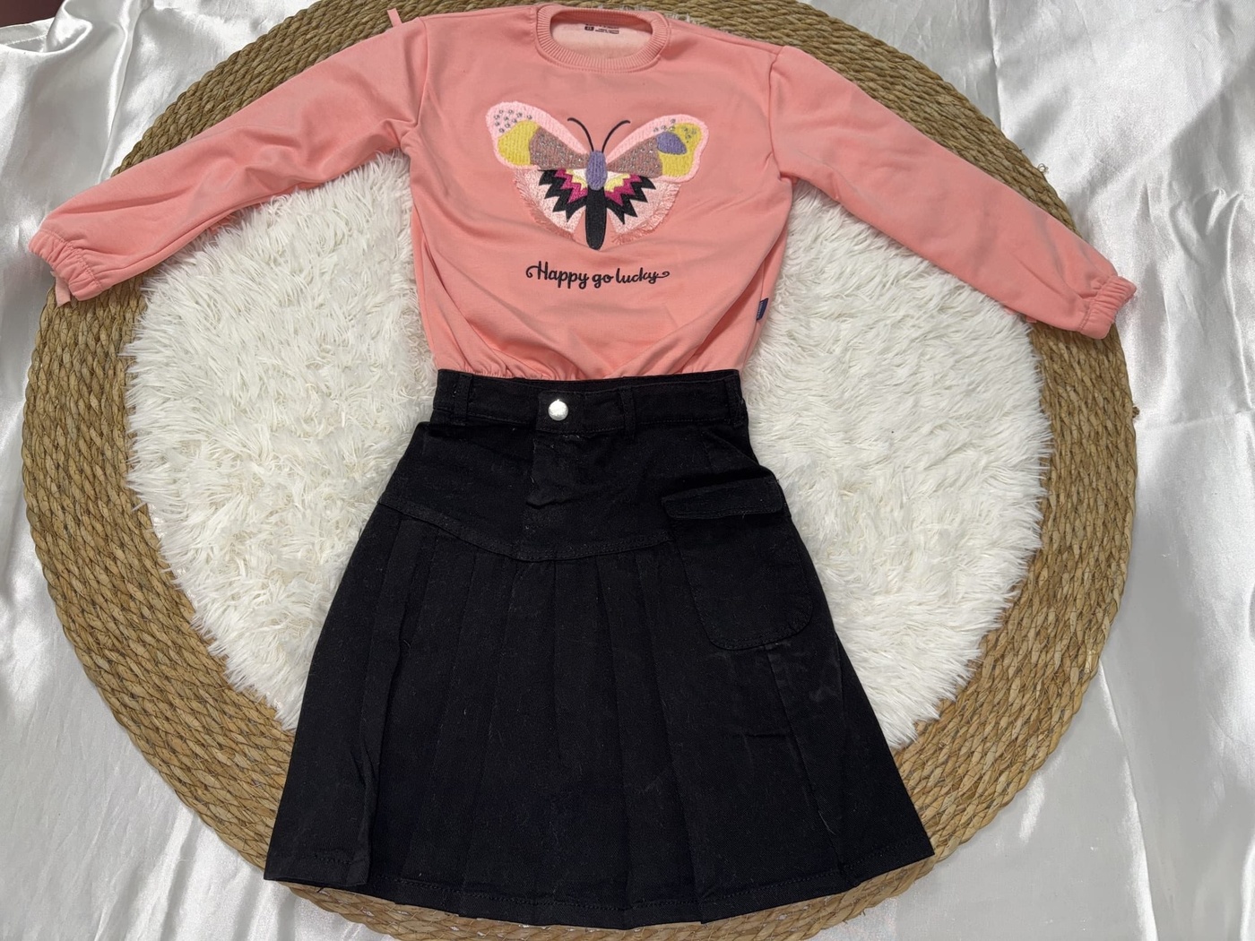 Happy Butterfly Fringe Set Peach - Girl (Black Pleated Skirt)-08