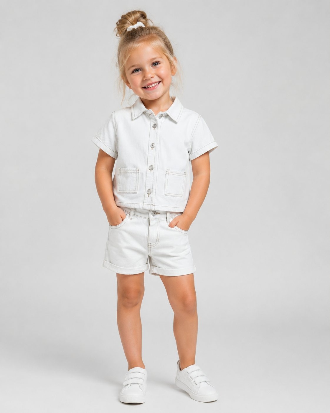 White Button Shorts Set - Girl (Patch Pockets)-07