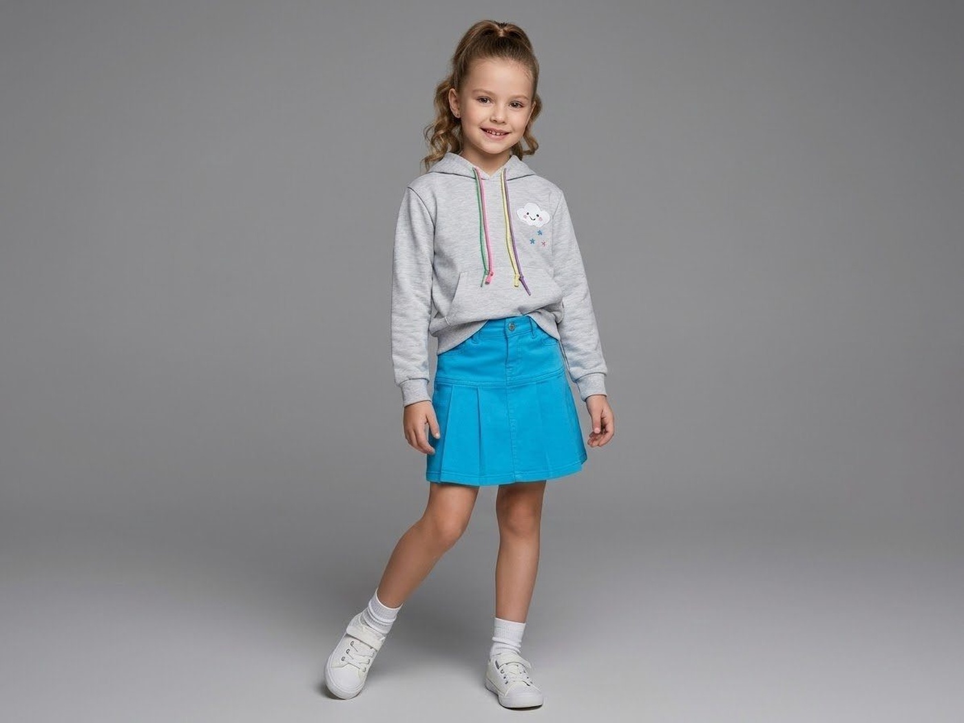 Rainbow Cloud Fringe Hoodie Set Grey - Girl (Blue Denim Skirt)-06