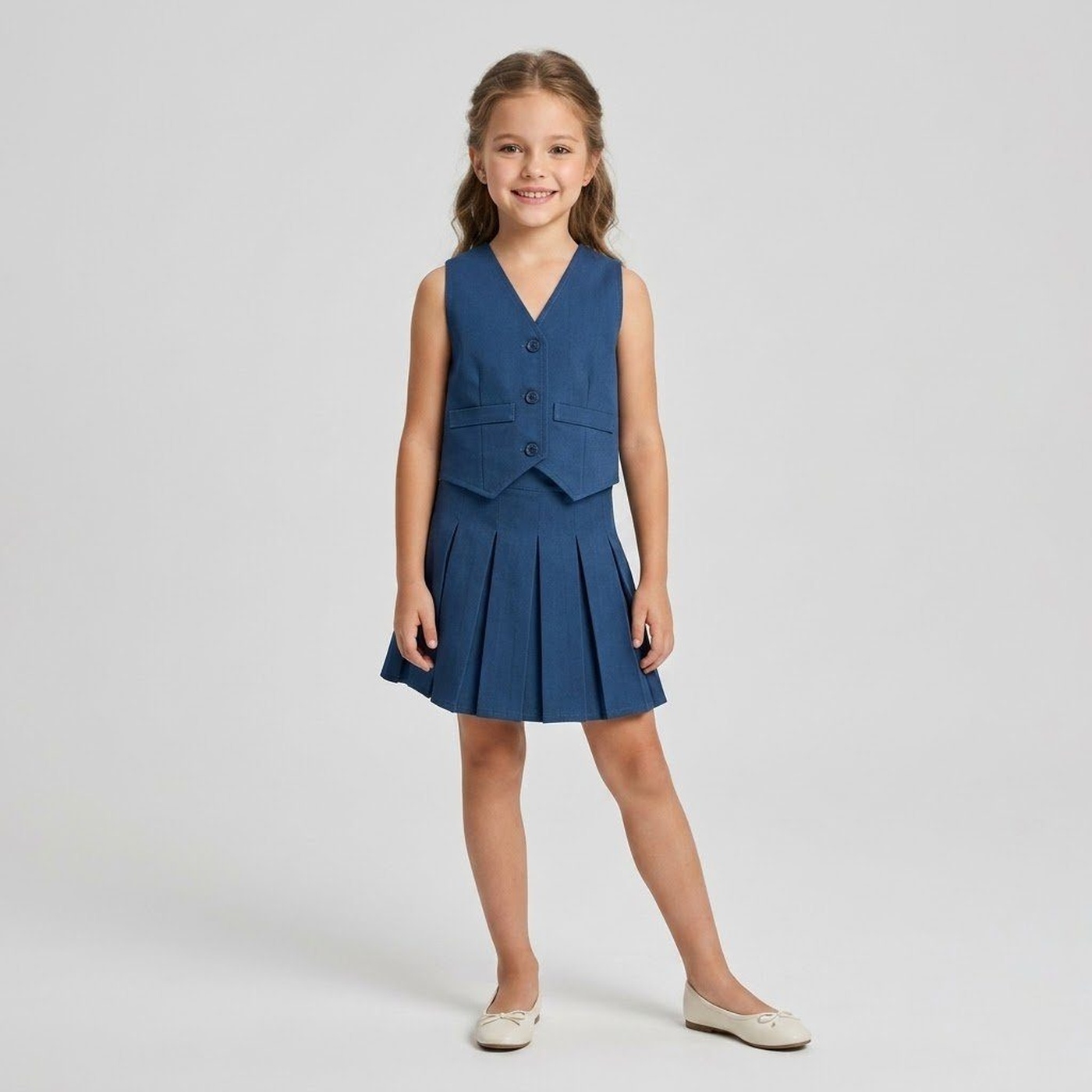 Peekaboo Blue Vest Set - Girl (Pleated Skirt)-12