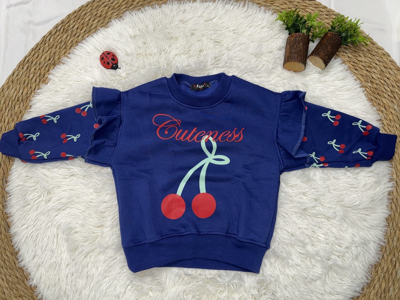 Cherry Cuteness Sweatshirt Navy Blue - Girl (Patterned Ruffle Sleeves)-05