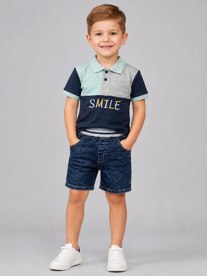 Smile Navy Polo Shorts Set - Boy (Mint Color Block Top)