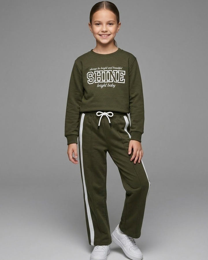 Shine Tracksuit Set Olive Green - Girl (White Side Stripe Pants)