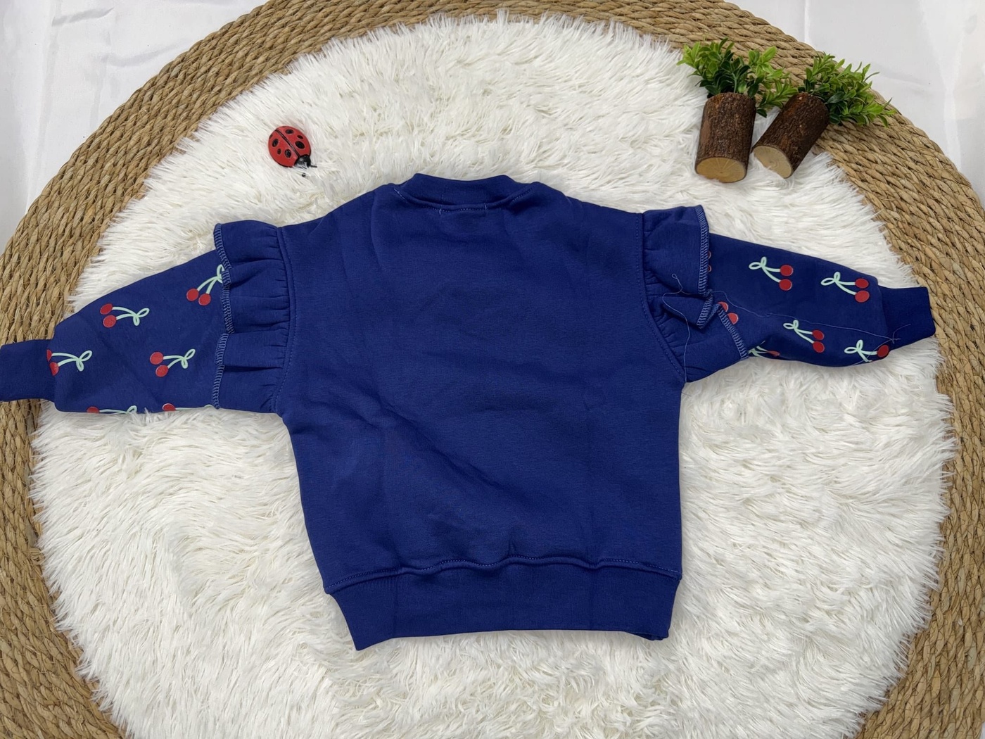 Cherry Cuteness Sweatshirt Navy Blue - Girl (Patterned Ruffle Sleeves)-05