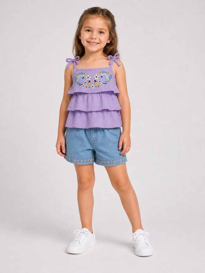 Floral Embroidered Purple Shorts Set - Girl (Ruffle Top)