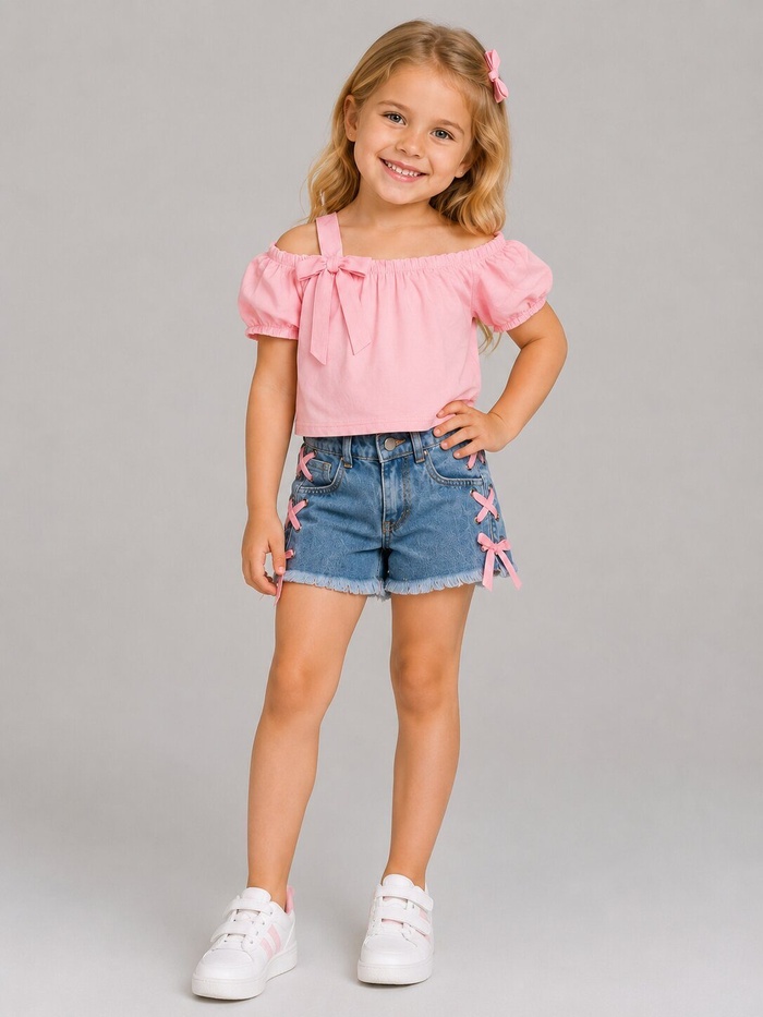 Bow-Trim Pink Denim Shorts Set - Girl (Side Lace Bows)
