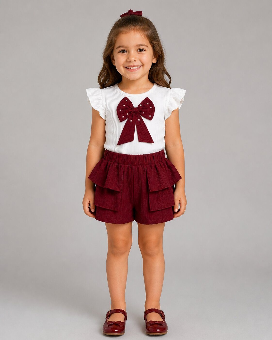 Bow Burgundy Shorts Set - Girl (Ruffle Shorts)-06