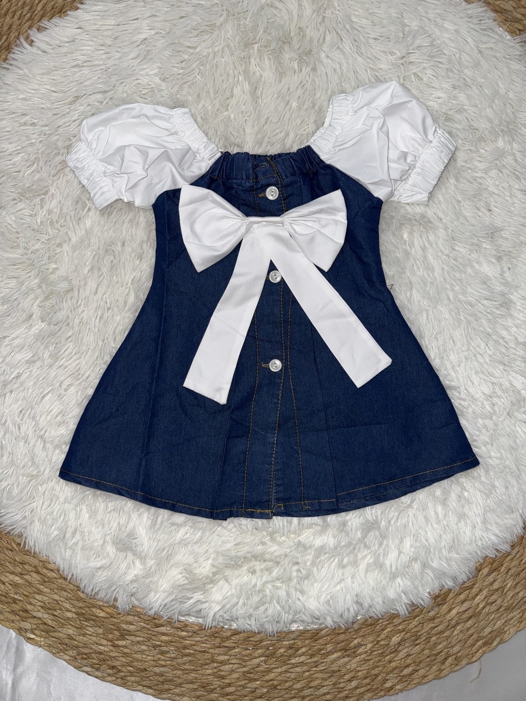 Navy Denim Dress - Girl (White Bow)-06