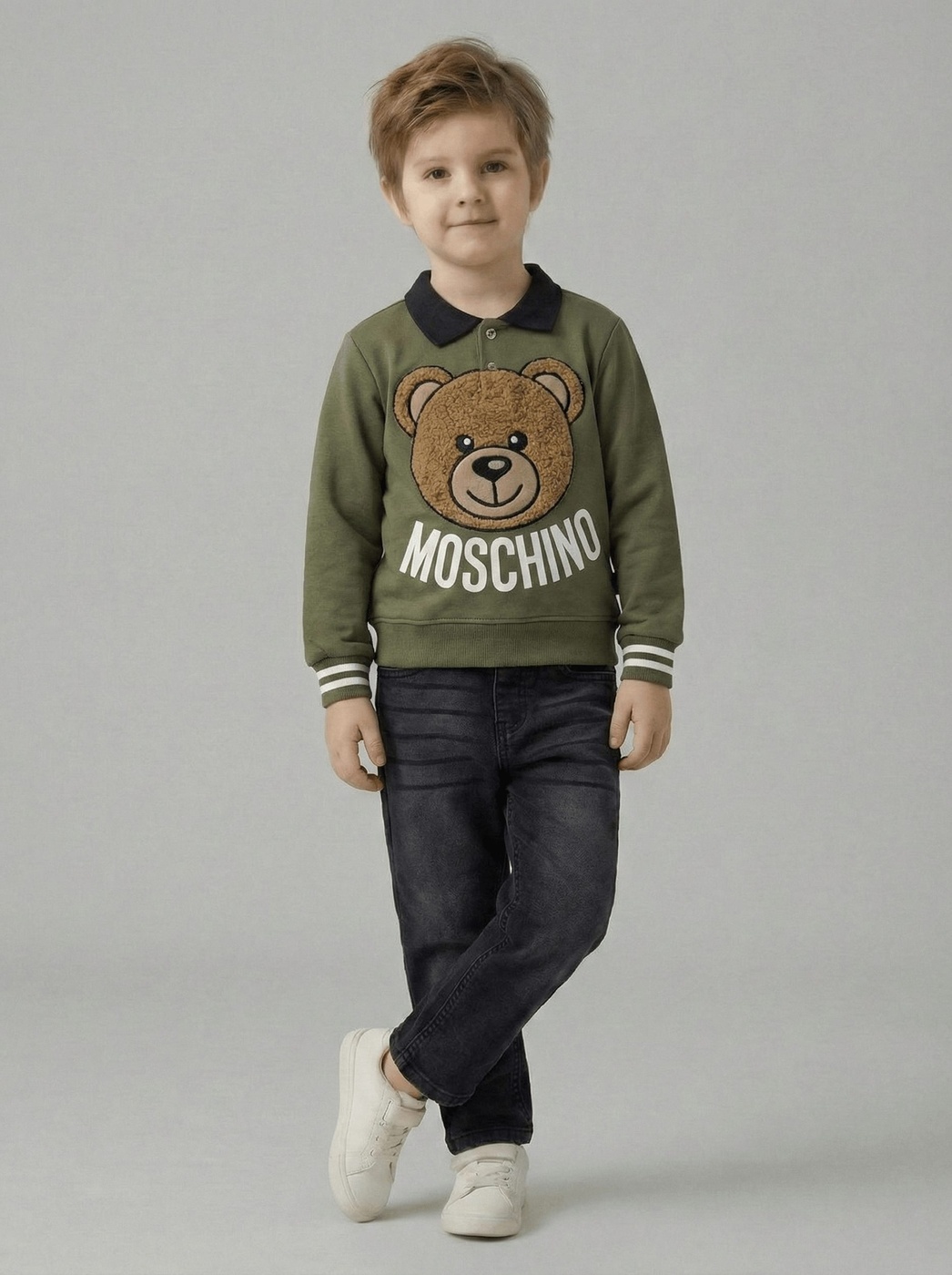 Moschino Bear Polo Set Olive Green - Boy (Black Jeans)-01