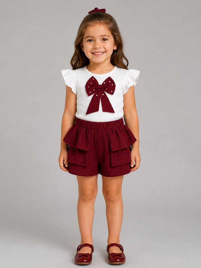 Bow Burgundy Shorts Set - Girl (Ruffle Shorts)