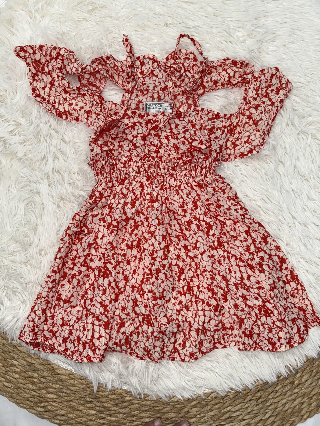 Red Floral Cold Shoulder Dress - Girl (Ruffle Neckline)-07