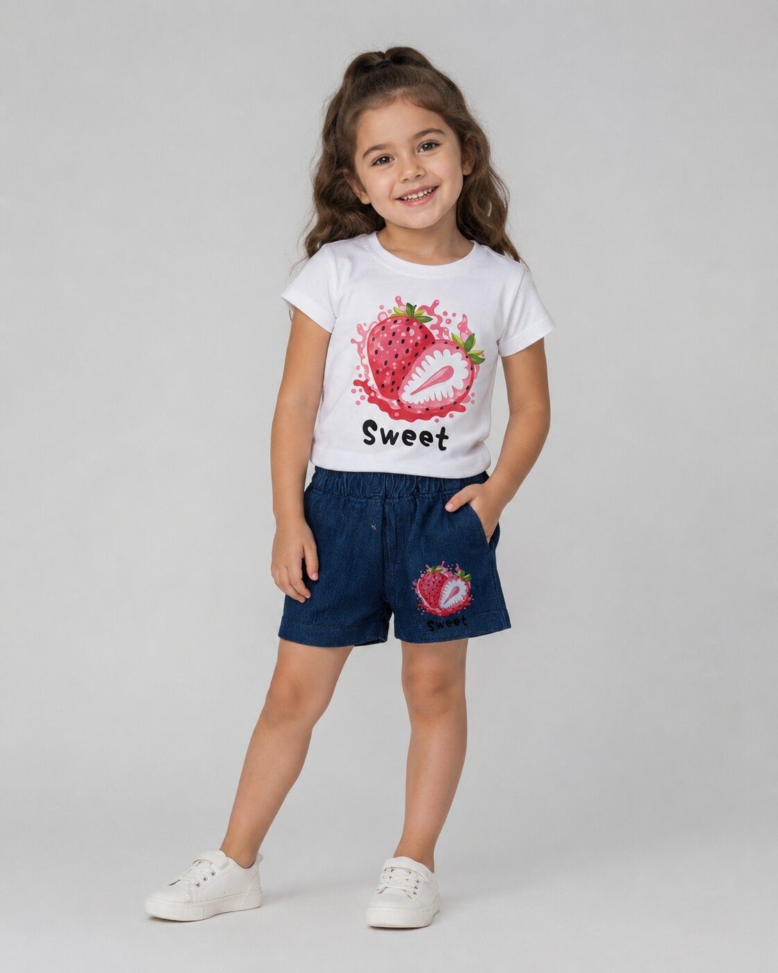 Sweet Strawberry White Shorts Set - Girl (Front Strawberry Graphic)-01