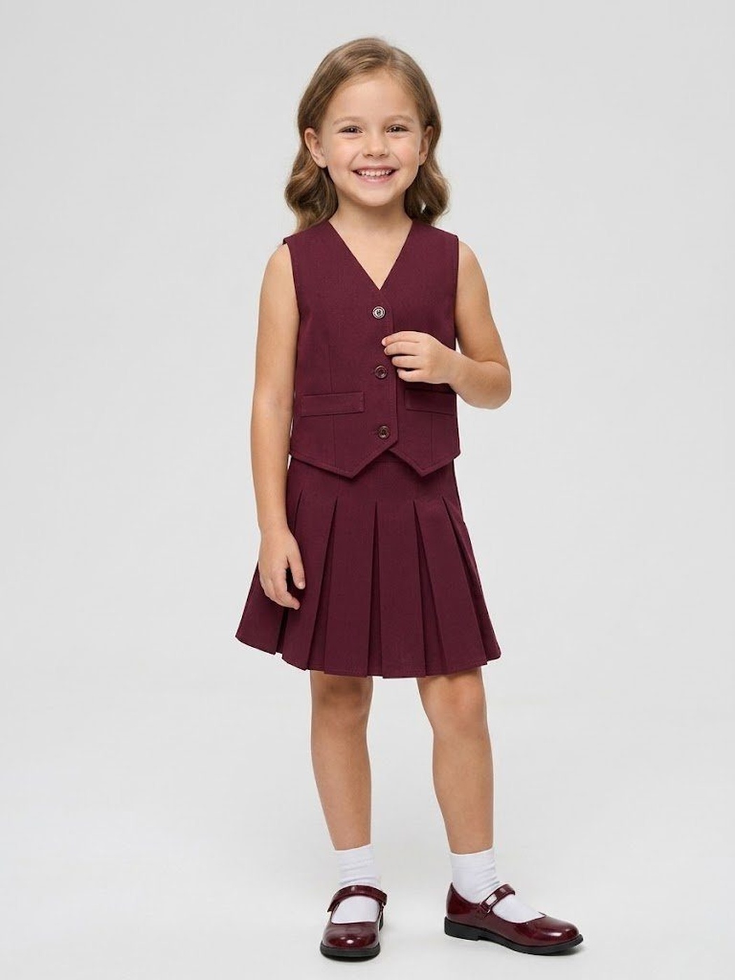Peekaboo Burgundy Vest Set - Girl (Pleated Skirt)-10