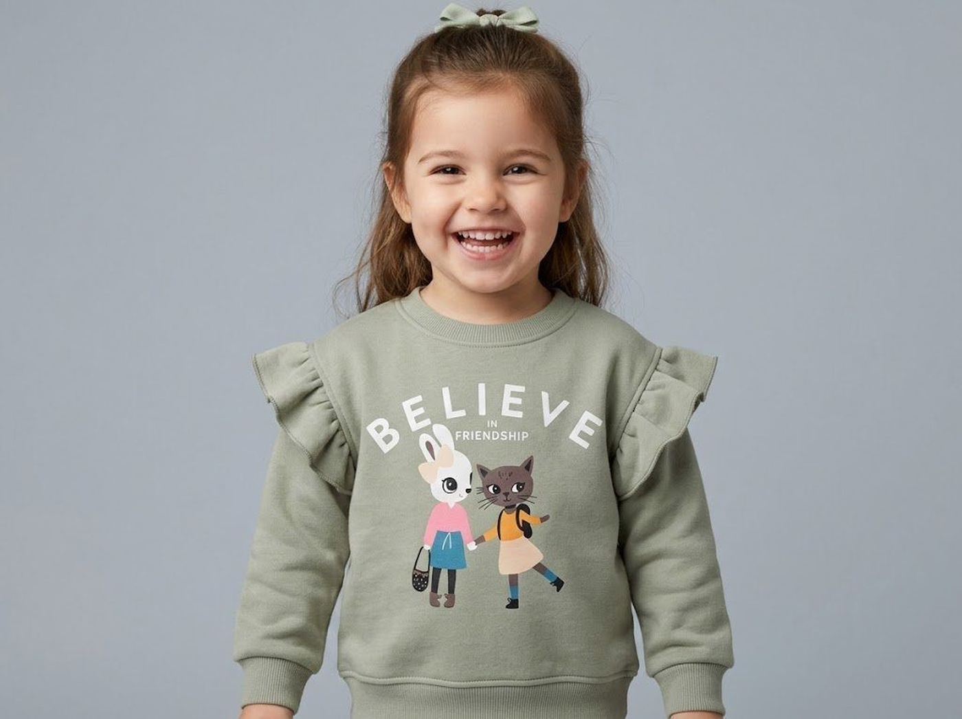 Friendship Sweatshirt Sage Green - Girl (Bunny & Cat)-05