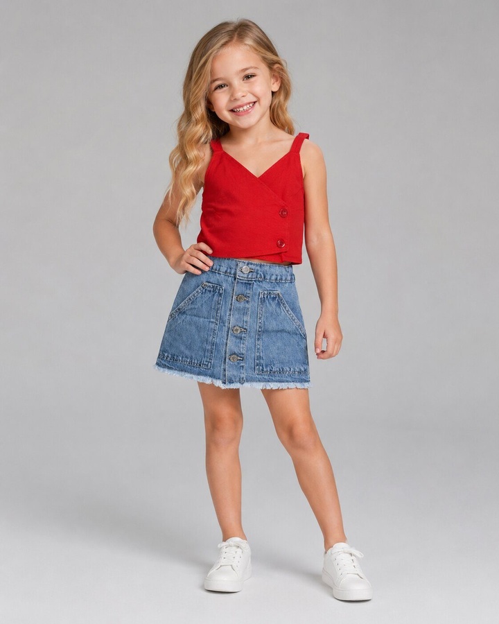 Wrap-Front Red Denim Skirt Set - Girl (Button-Front Skirt)