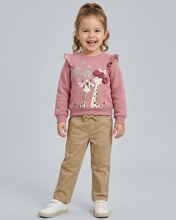 Cute Giraffe Set Dusty Pink - Girl (Beige Twill Pants)