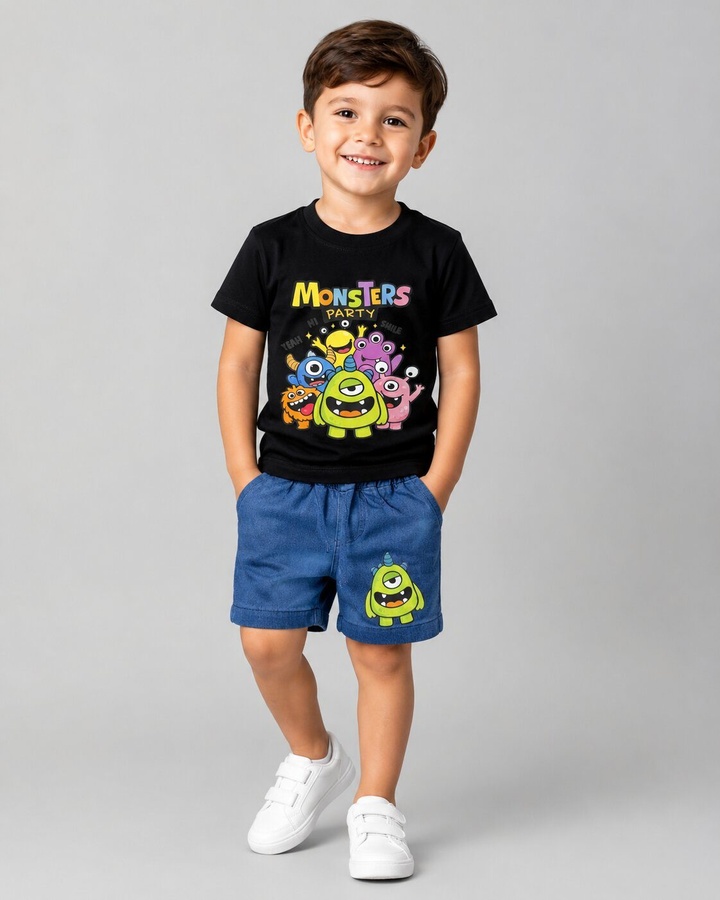 Monsters Party Black Shorts Set - Boy (Front Monster Graphic)