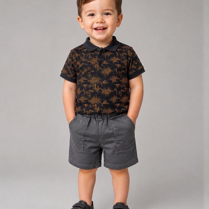 Patterned Black Polo Shorts Set - Boy (Contrast Gray Shorts)