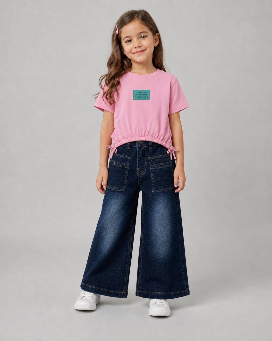 Pink Wide-Leg Jeans Set - Girl (Side Bows)-03