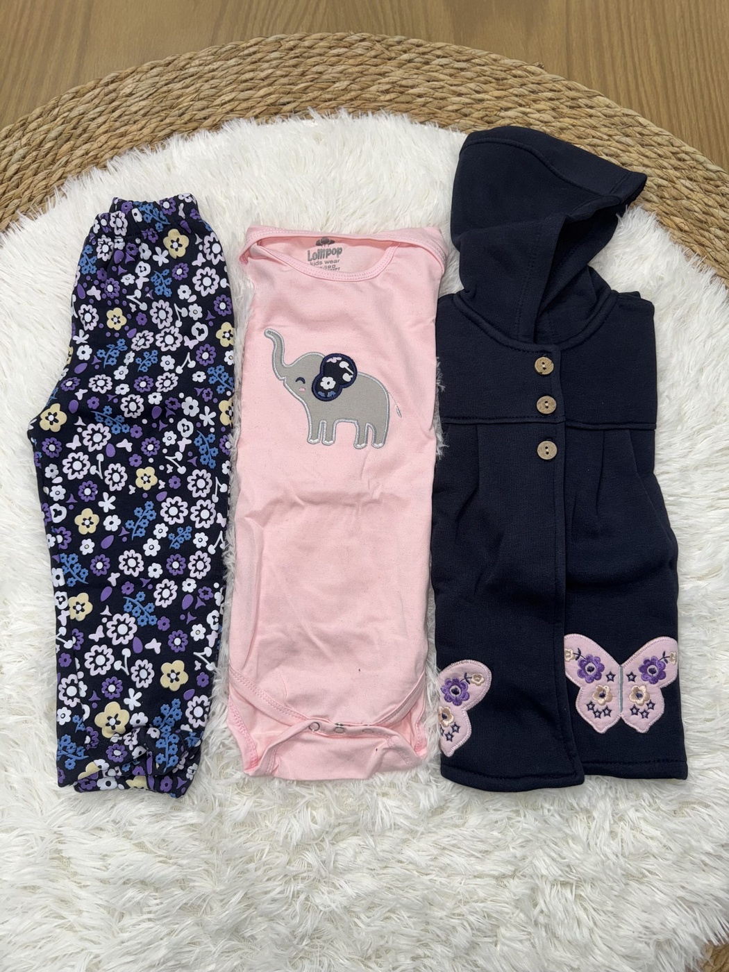 Navy Butterfly 3-Piece Set - Baby Girl (Elephant Onesie)-24M