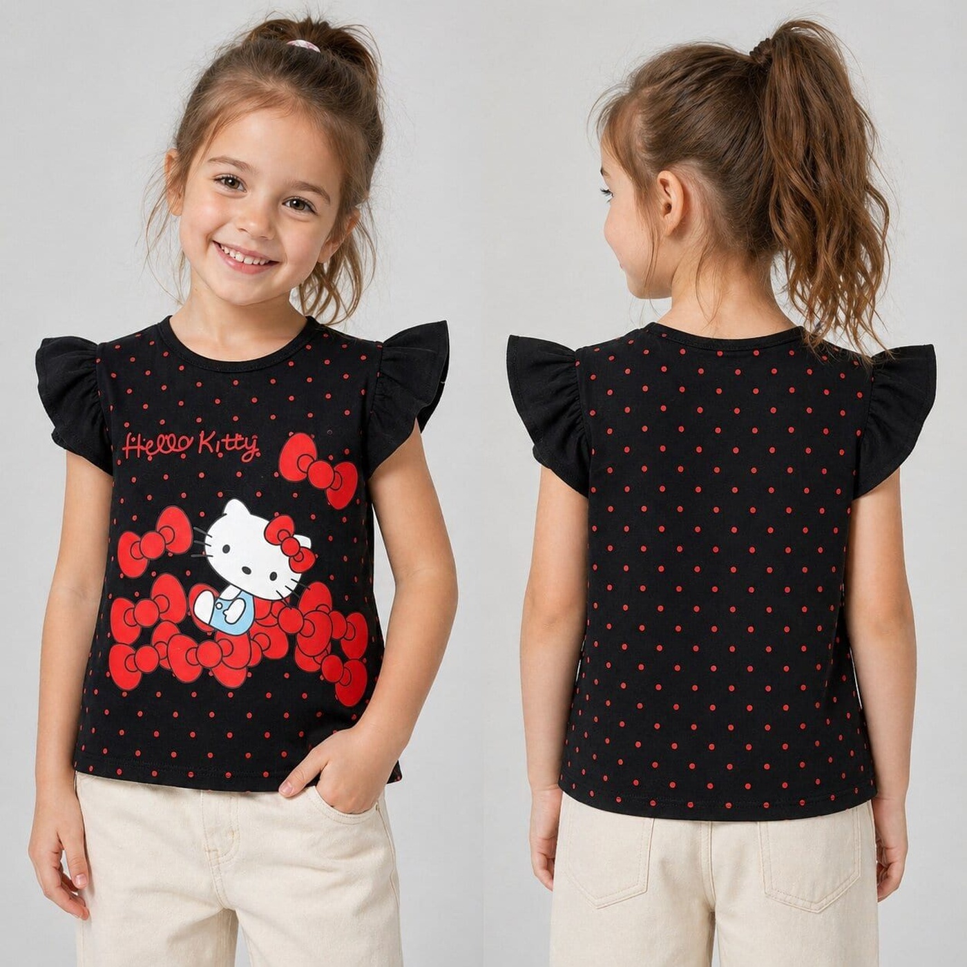 Hello Kitty Black Ruffle Sleeve Tee - Girl (Red Bow Graphic)-04