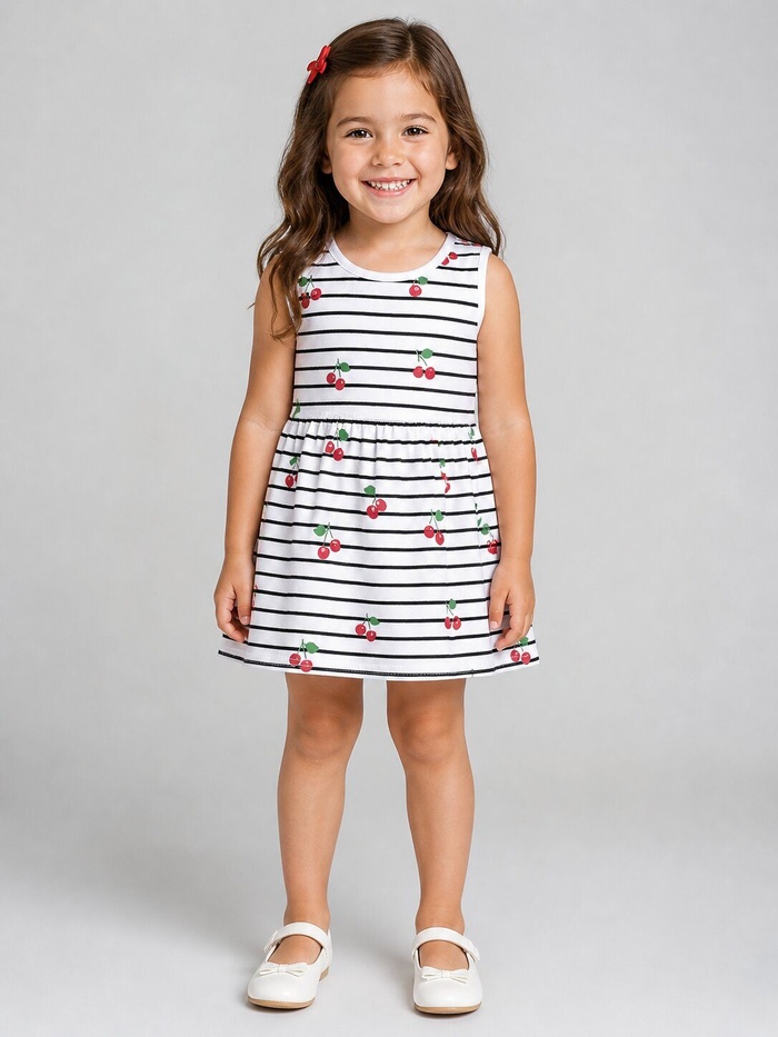 Brand Cherry Stripe White Dress - Girl (Cherry Pattern)