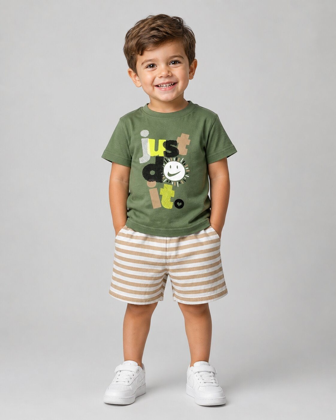 Just Do It Olive Green Shorts Set - Boy (Text Graphic)-12M