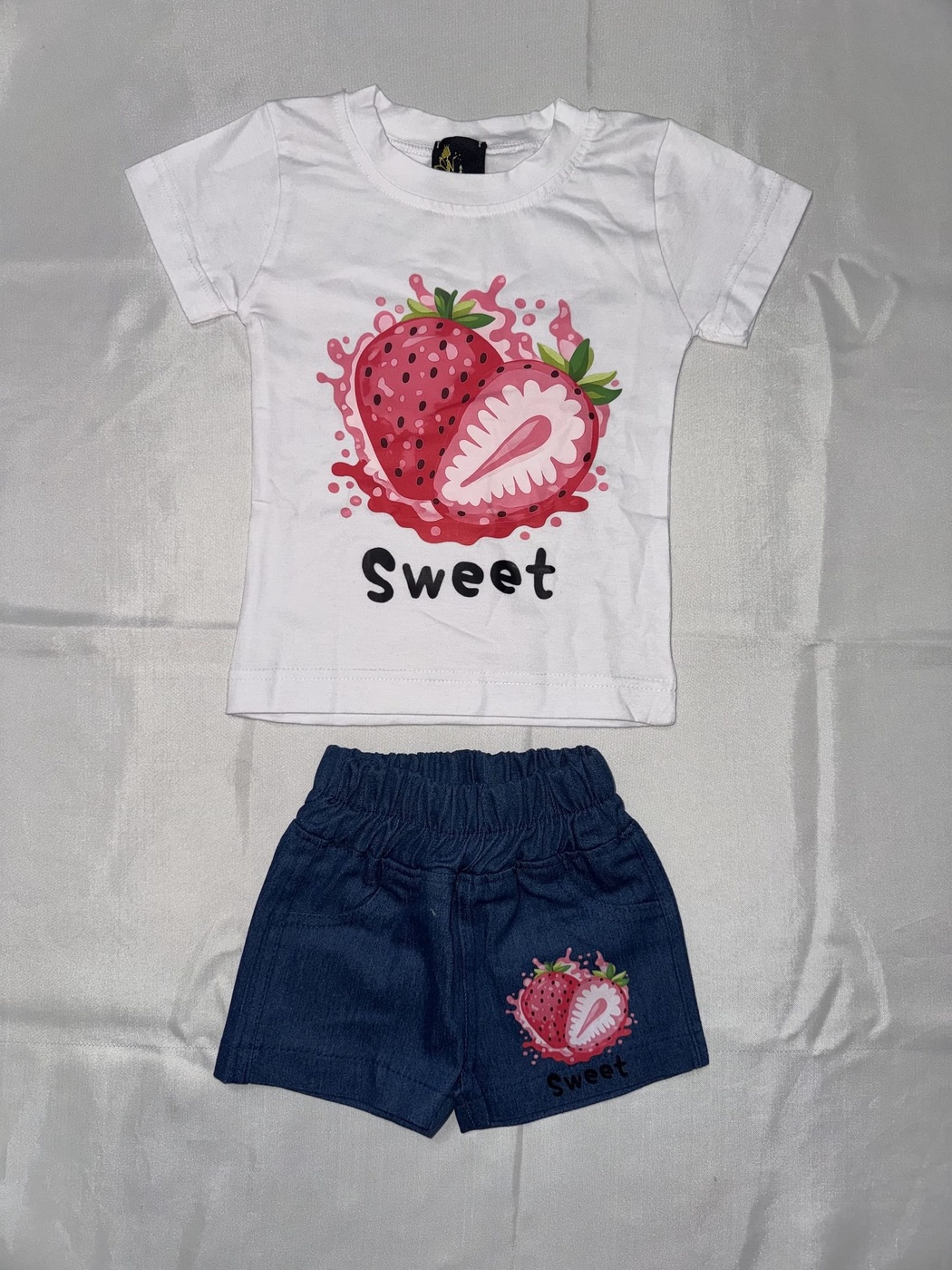 Sweet Strawberry White Shorts Set - Girl (Front Strawberry Graphic)-01