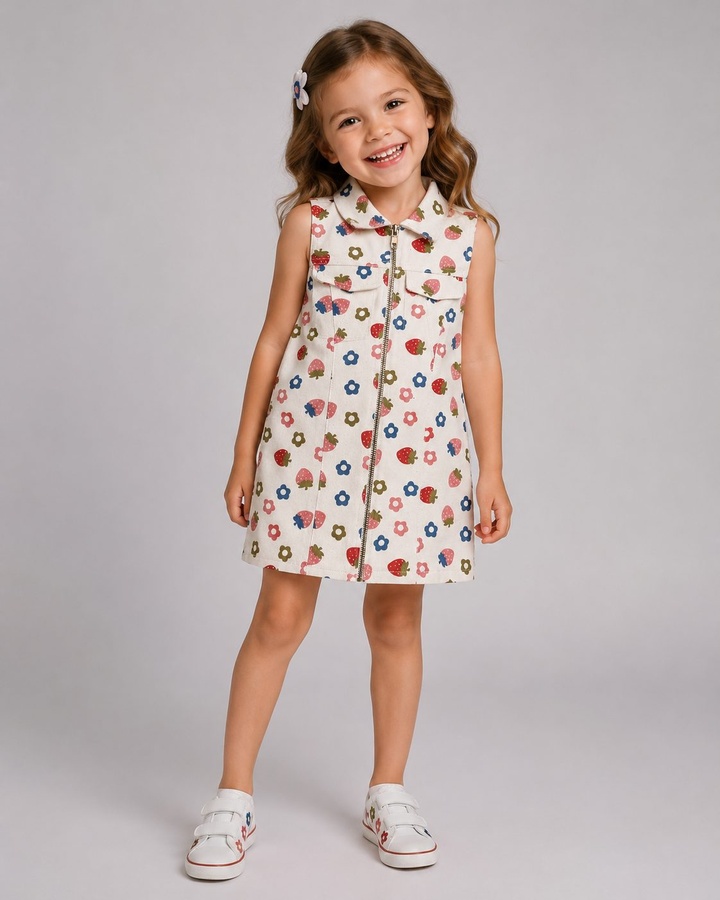 Colorful Motif White Dress - Girl (Collared)