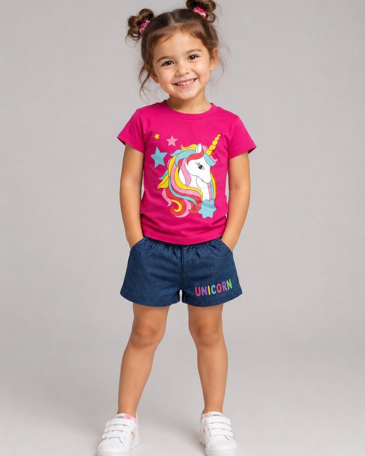 Unicorn Pink Shorts Set - Girl (Front Character Graphic)