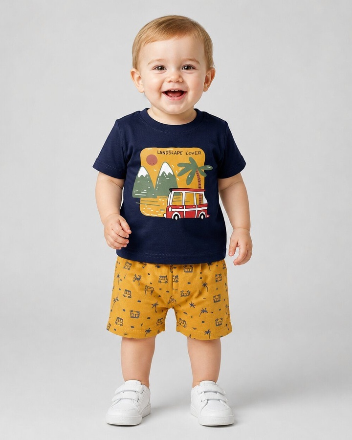 Adventure Navy Shorts Set - Boy (Bus Graphic)