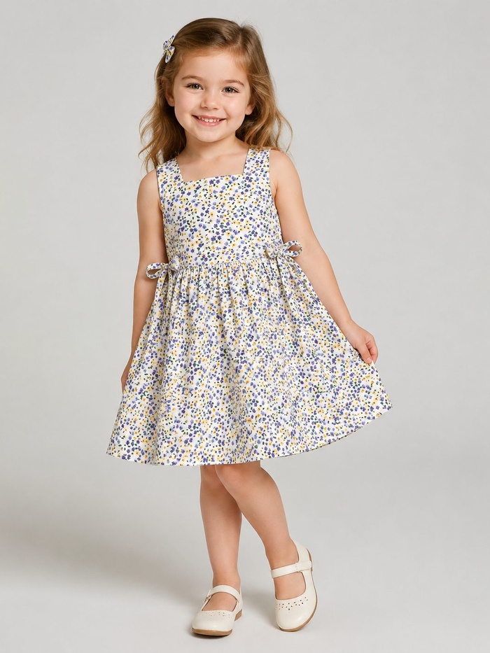 Blue Yellow Floral White Dress - Girl (Side Bows)