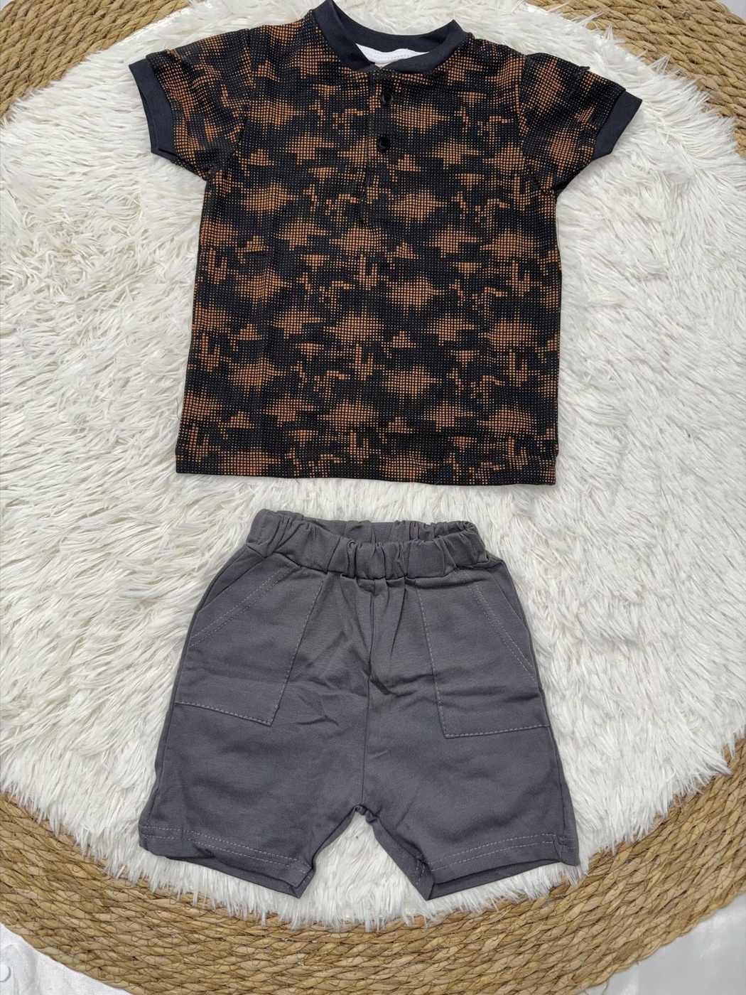 Patterned Black Polo Shorts Set - Boy (Contrast Gray Shorts)-9-12M