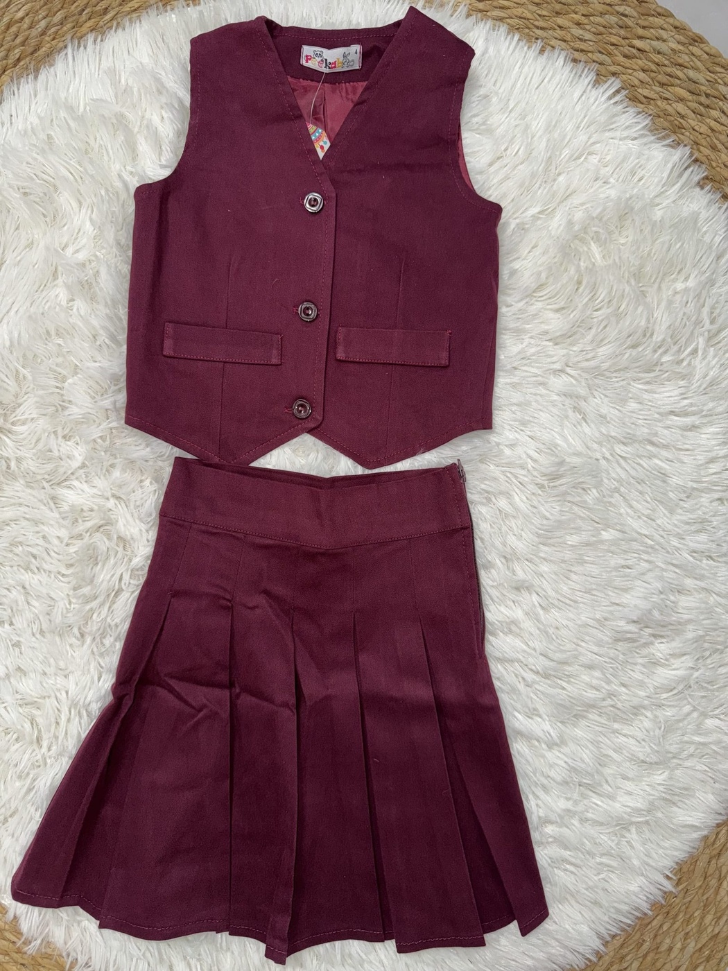 Peekaboo Burgundy Vest Set - Girl (Pleated Skirt)-10