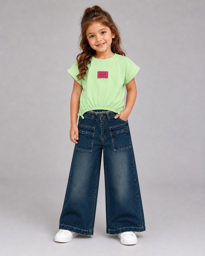 Green Wide-Leg Jeans Set - Girl (Side Bows)