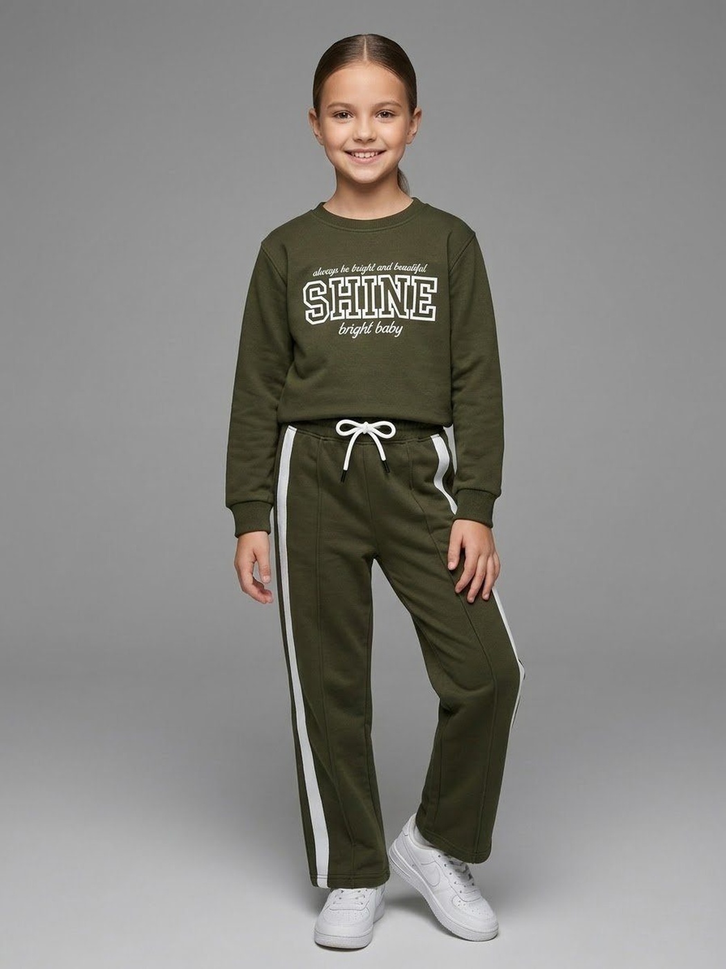 Shine Tracksuit Set Olive Green - Girl (White Side Stripe Pants)-10
