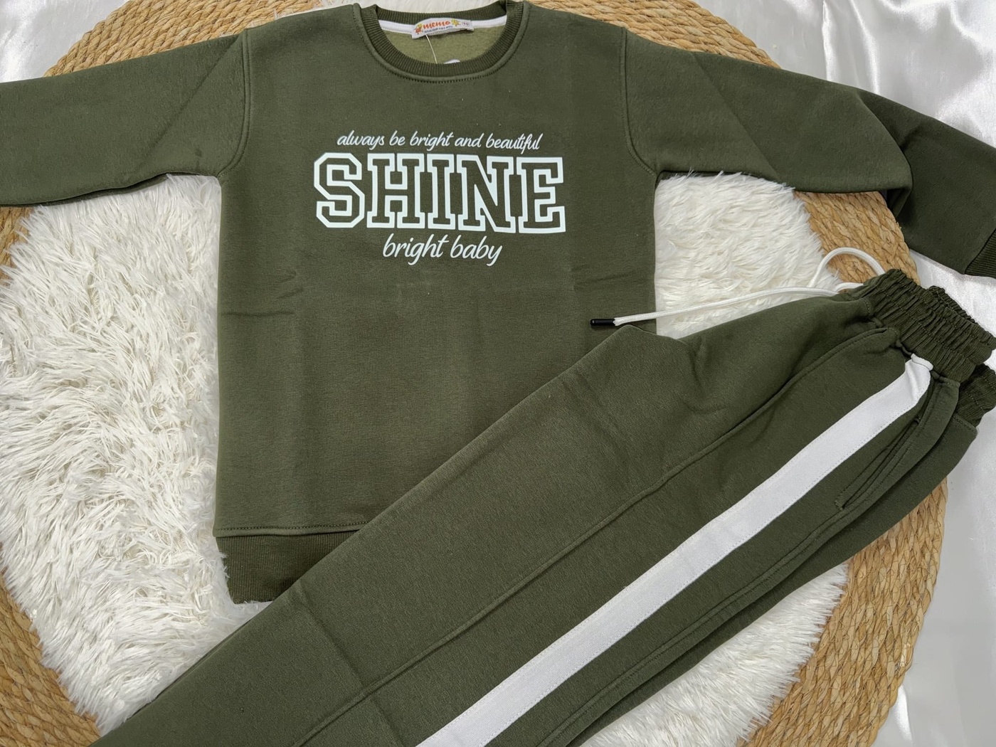 Shine Tracksuit Set Olive Green - Girl (White Side Stripe Pants)-10