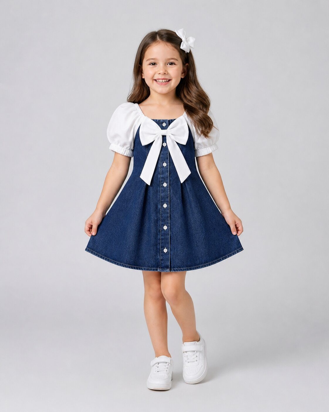 Navy Denim Dress - Girl (White Bow)-06
