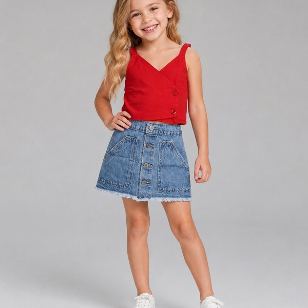 Wrap-Front Red Denim Skirt Set - Girl (Button-Front Skirt)