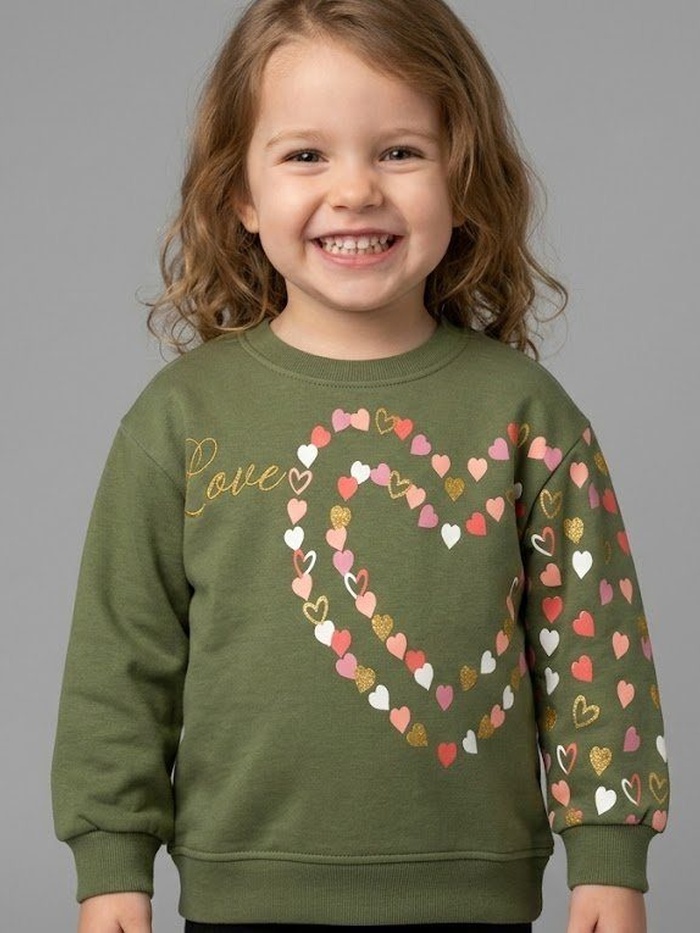 Love Heart Sweatshirt Olive Green - Girl (Single Patterned Sleeve)