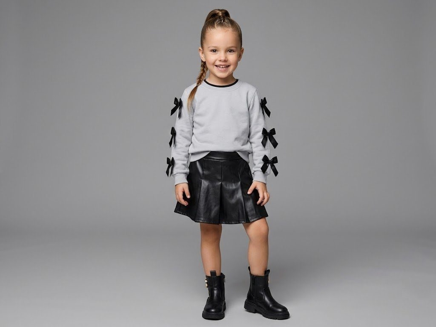 Sleeve Bows Set Light Grey - Girl (Black Leather Skirt)-10