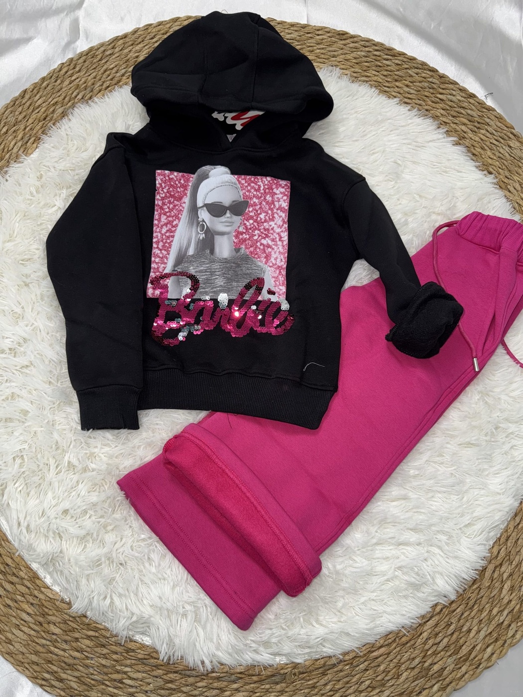 Barbie Sequin Hoodie Set Black - Girl (Hot Pink Pants)-02