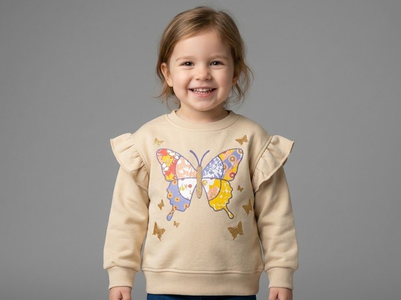 Butterfly Sweatshirt Beige - Girl (Patchwork Art Style)-05