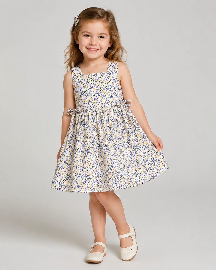 Blue Yellow Floral White Dress - Girl (Side Bows)