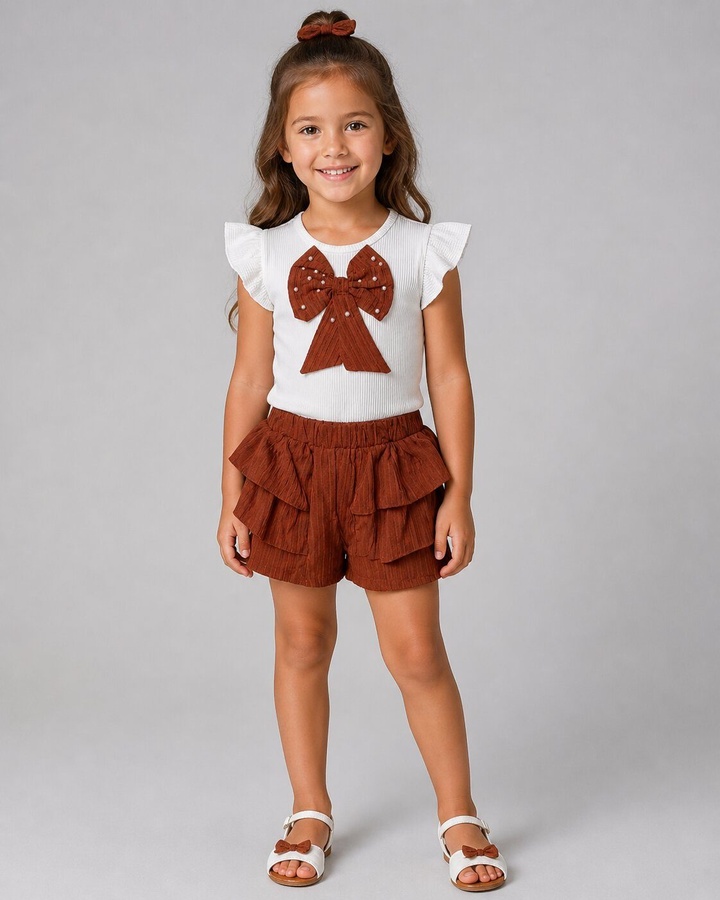 Bow Rust Brown Shorts Set - Girl (Ruffle Shorts)