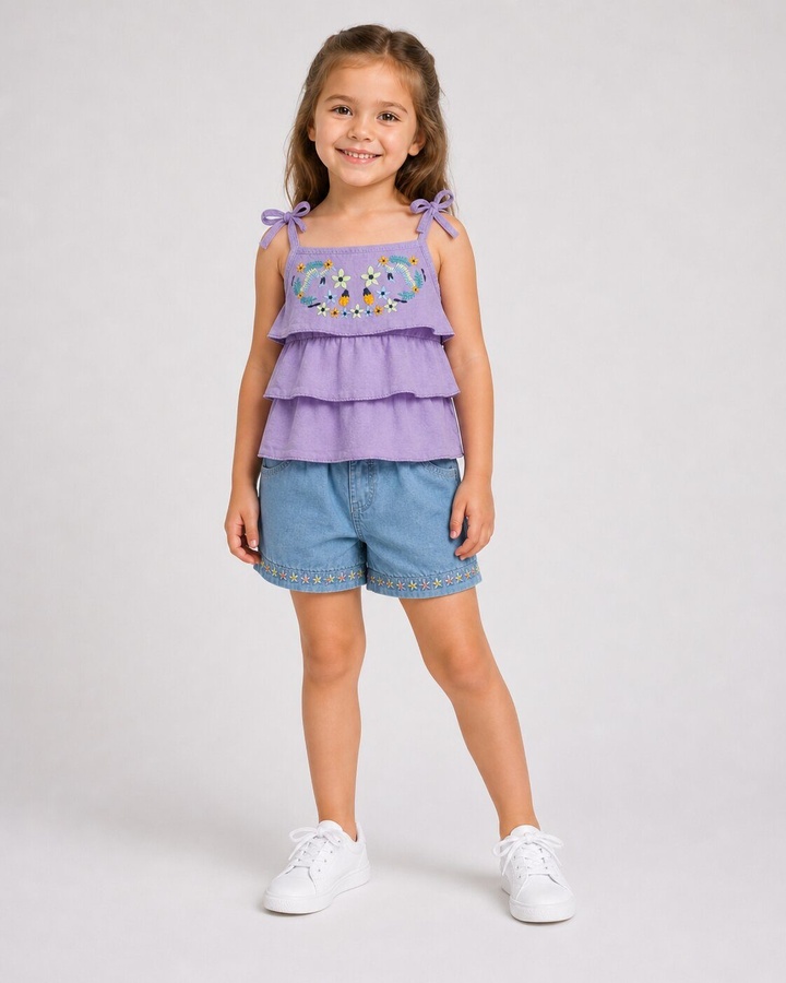 Floral Embroidered Purple Shorts Set - Girl (Ruffle Top)