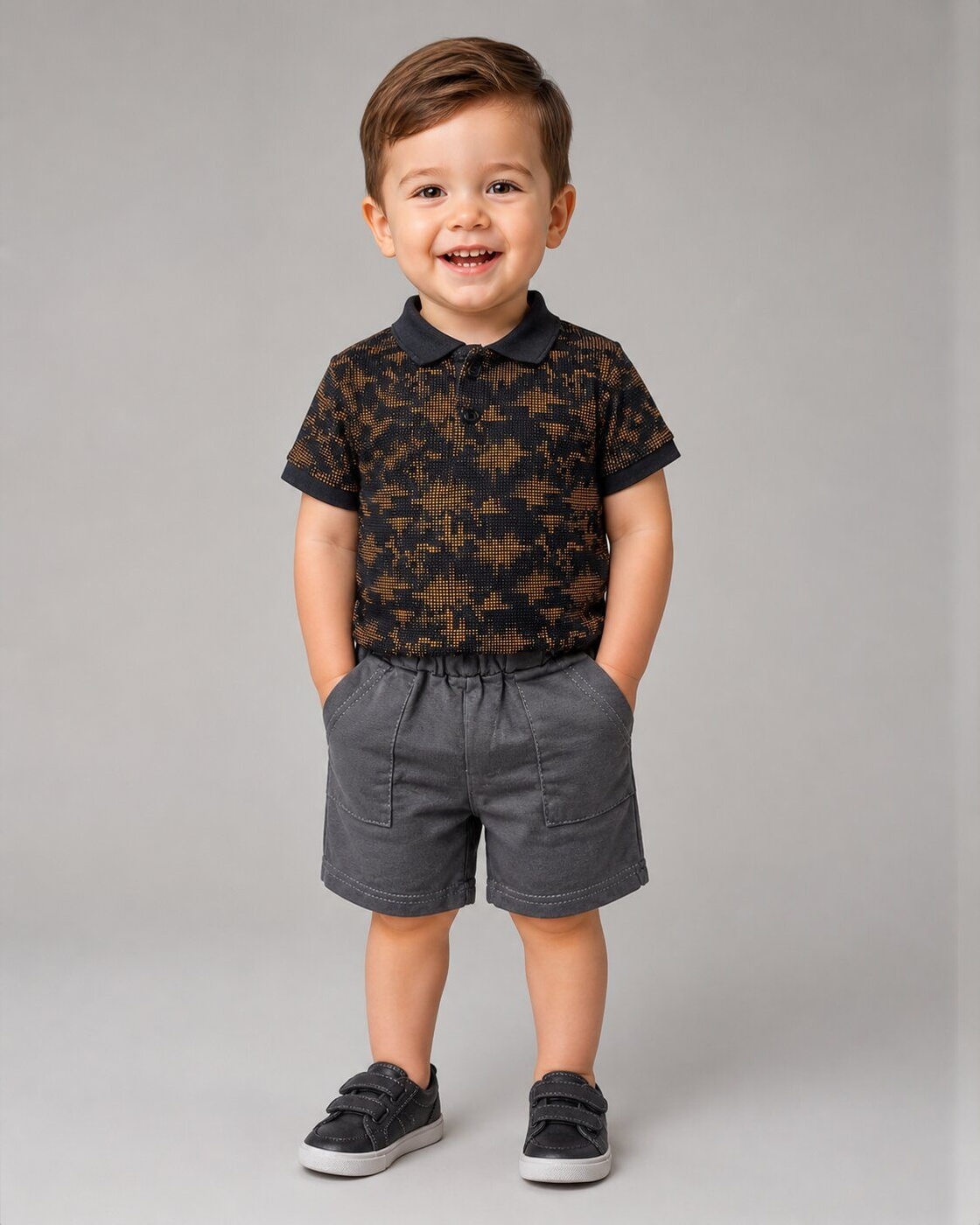 Patterned Black Polo Shorts Set - Boy (Contrast Gray Shorts)-9-12M