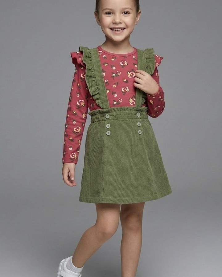 Rose Suspender Set Red - Girl (Olive Corduroy Bottom)