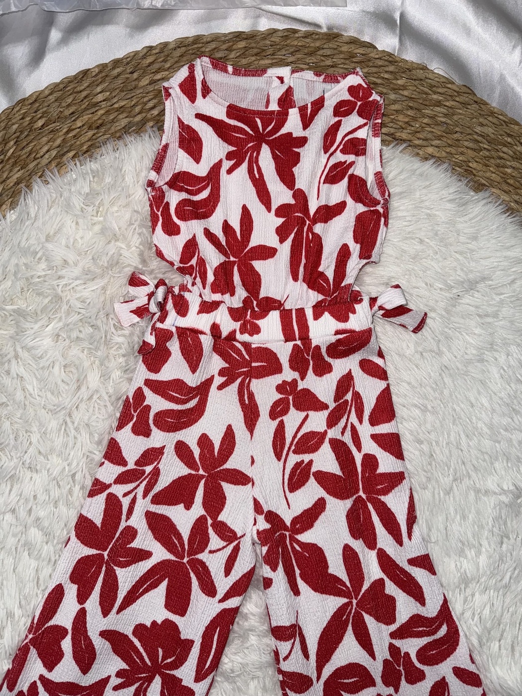 Red Floral Jumpsuit - Girl (Side Bows)-07